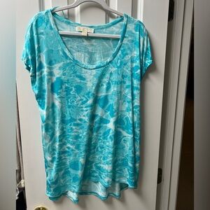 MICHAEL KORS Turquoise & White Scoop Neck Hi-Lo Hem Cap Sleeve Tee Top XL